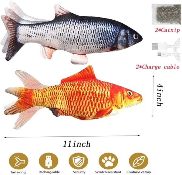 2 Pack Flopping Fish Cat Toy,Electric Moving Fish Toys for Indoor Cats,Realistic Plush Simulation Dancing Wagging Fish Cat Toy Catnip Kicker Bite Toys, Motion Kitten Toy, Interactive Chew Cat Toys - Image 3