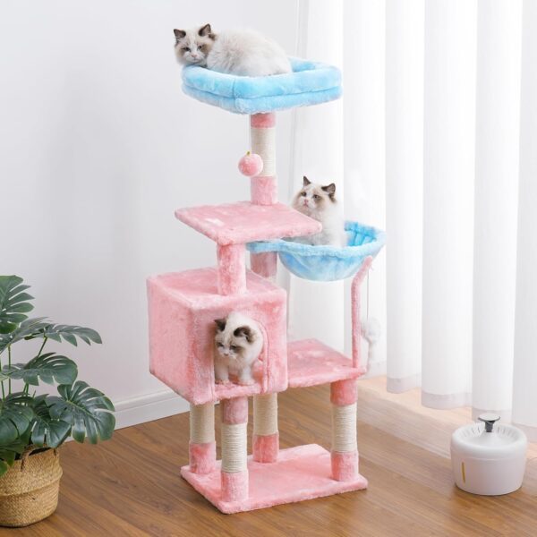 Heybly Cat Tree with Toy, Cat Tower condo for Indoor Cats, Cat House with Padded Plush Perch, Cozy Hammock and Sisal Scratching Posts, Blue and Pink HCT004SBP  Pet Supplies - Image 4