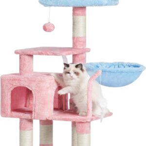 Heybly Cat Tree with Toy, Cat Tower condo for Indoor Cats, Cat House with Padded Plush Perch, Cozy Hammock and Sisal Scratching Posts, Blue and Pink HCT004SBP  Pet Supplies