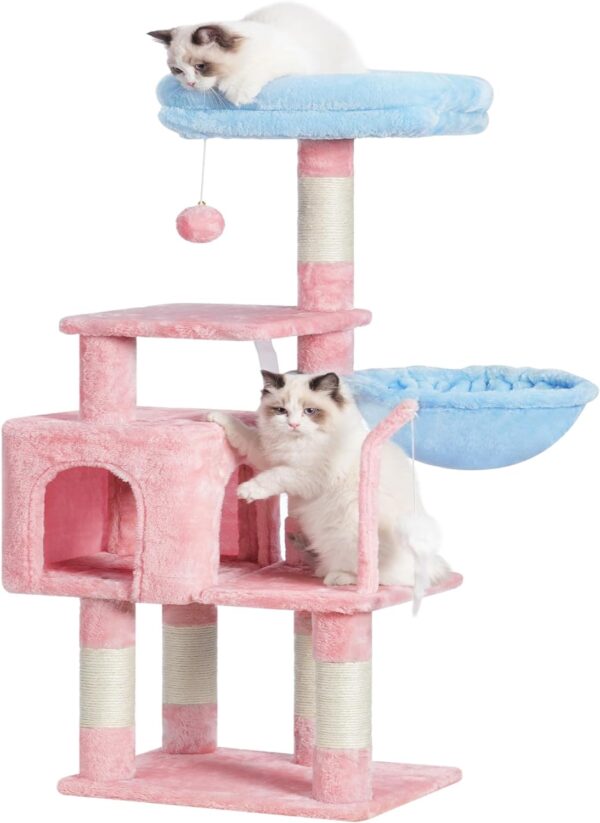 Heybly Cat Tree with Toy, Cat Tower condo for Indoor Cats, Cat House with Padded Plush Perch, Cozy Hammock and Sisal Scratching Posts, Blue and Pink HCT004SBP  Pet Supplies