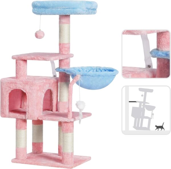 Heybly Cat Tree with Toy, Cat Tower condo for Indoor Cats, Cat House with Padded Plush Perch, Cozy Hammock and Sisal Scratching Posts, Blue and Pink HCT004SBP  Pet Supplies - Image 6