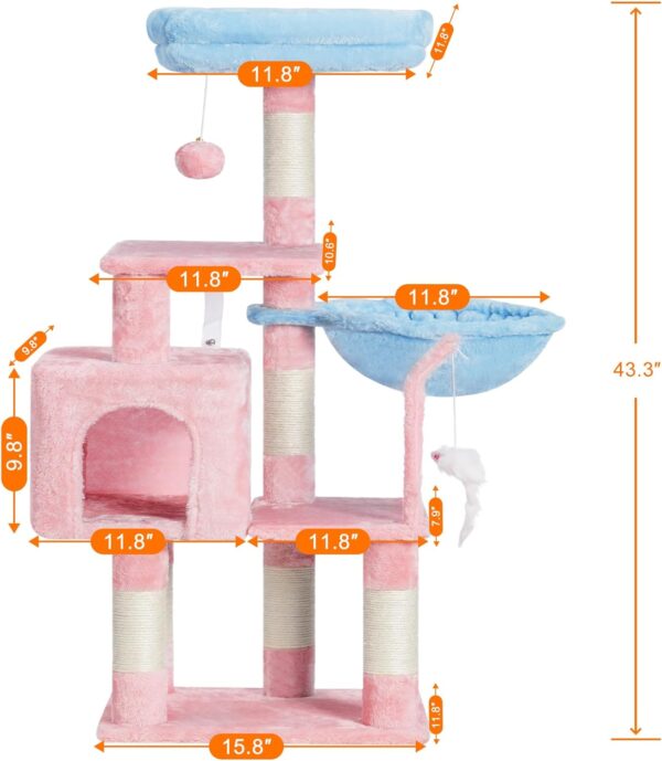 Heybly Cat Tree with Toy, Cat Tower condo for Indoor Cats, Cat House with Padded Plush Perch, Cozy Hammock and Sisal Scratching Posts, Blue and Pink HCT004SBP  Pet Supplies - Image 3