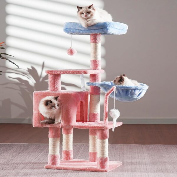 Heybly Cat Tree with Toy, Cat Tower condo for Indoor Cats, Cat House with Padded Plush Perch, Cozy Hammock and Sisal Scratching Posts, Blue and Pink HCT004SBP  Pet Supplies - Image 2