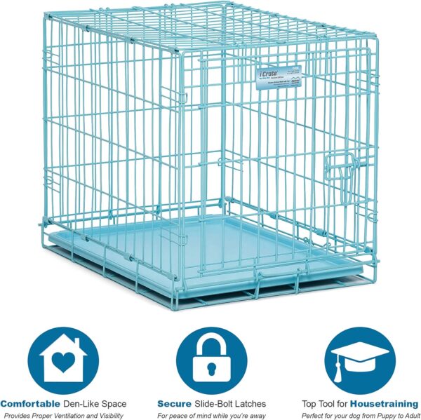 Midwest Homes for Pets Single Door Blue Folding Metal Dog Crate W/ Divider Panel, Floor Protecting 'Roller' Feet & Leak Proof Plastic Tray, 24L X 18W X 19H Inches, Small Dog Breed - Image 3